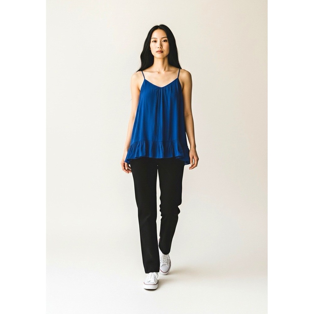 a.n.a. Women's XL Navy Blue Crepe Cami Tank Ruffle Hem Lace Up Back NWT